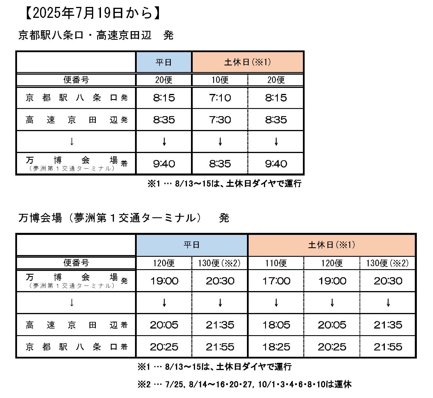 京都駅八条口・高速京田辺⇔万博会場 直通バス（大阪・関西万博エクスプレス京都）時刻表