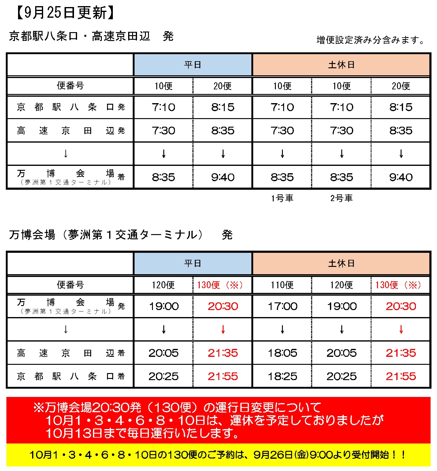 京都駅八条口・高速京田辺⇔万博会場 直通バス(大阪・関西万博エクスプレス京都)時刻表