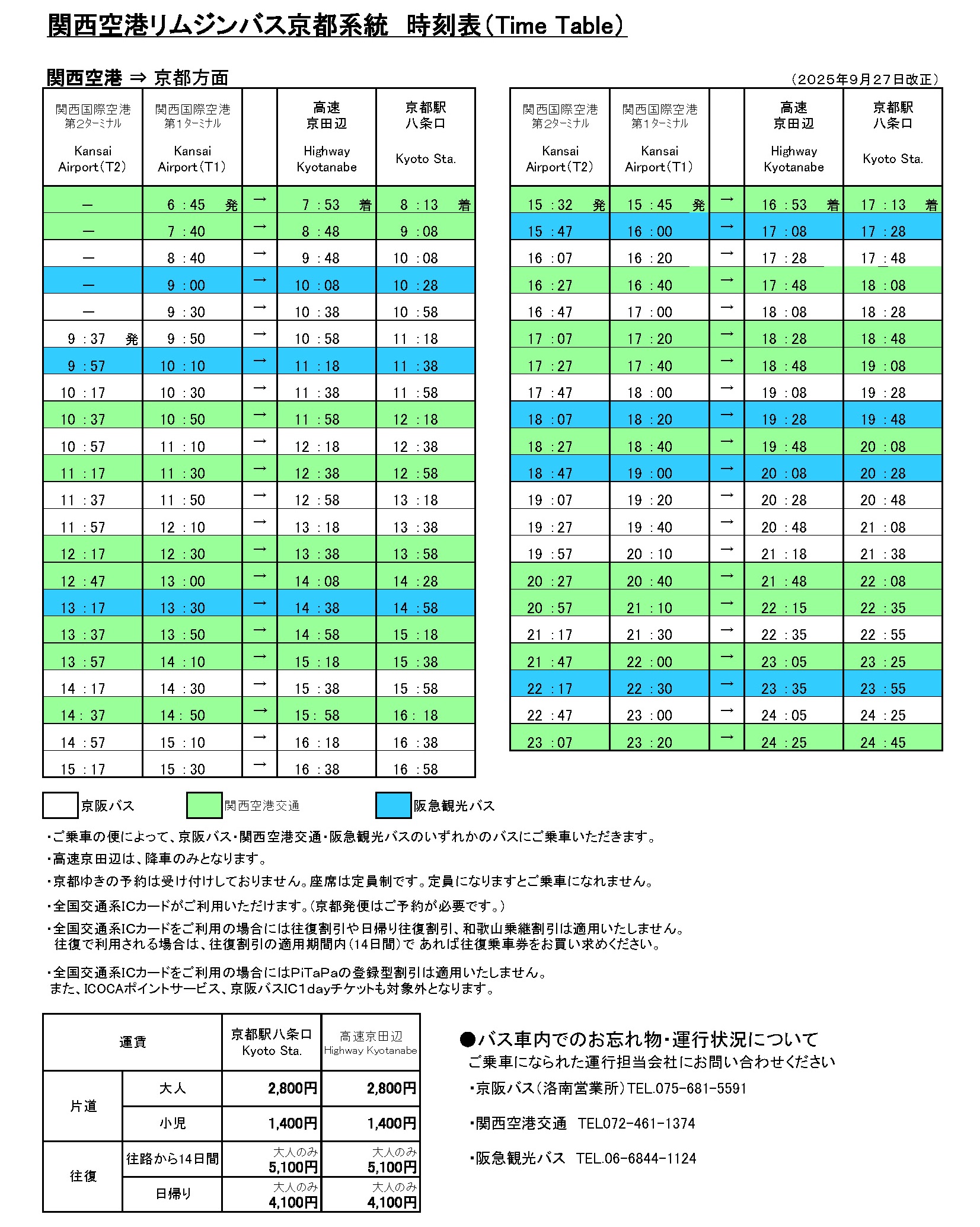 関西空港リムジンバス京都系統 京都方面 時刻表(2025年9月27日から)