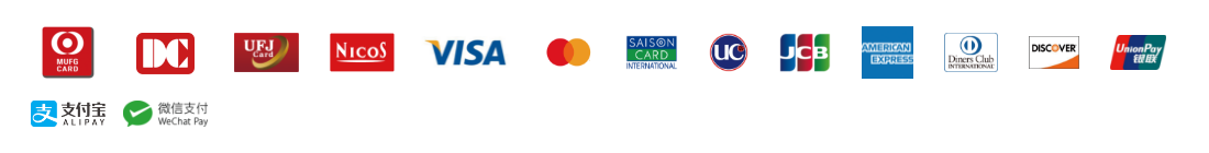 MUFGカード、DC、UFJカード、NICOS、VISA、マスターカード、SAISON CARD、UC、JCB、アメリカンエクスプレス、ダイナースクラブ、DISCOVER、Union Pay、アリペイ・ウィチャットペイ